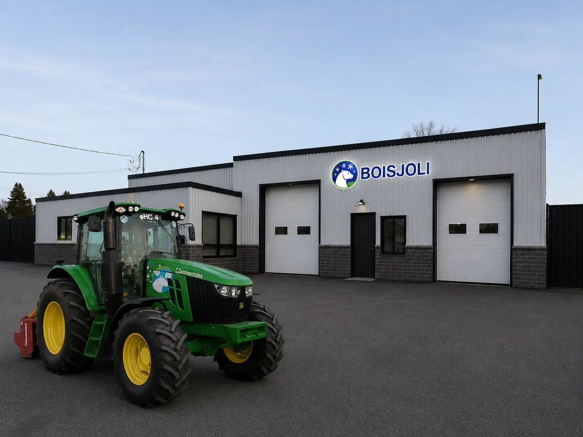 Les installations de Déneigement Boisjoli avec un tracteur devant le garage